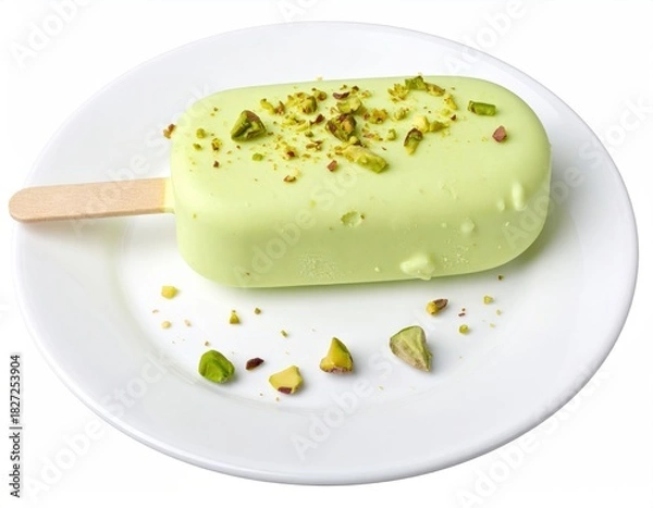 Fototapeta Pistachio ice cream bar on white plate, nut sprinkles