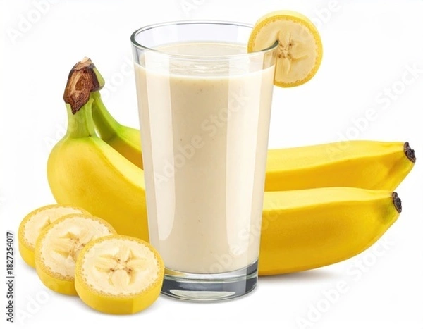 Fototapeta Banana smoothie in glass with bananas