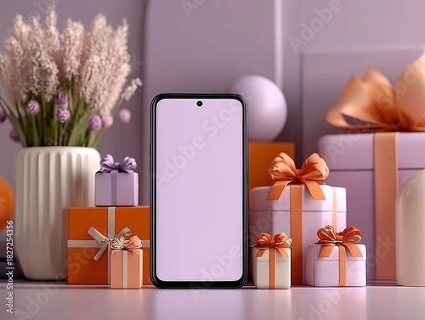 Obraz Tech E-commerce Product Display with Light Purple Background, Black Smartphone and Pink Gift Box Decor, Soft Lighting Minimalist Style Ultra HD 8K Render