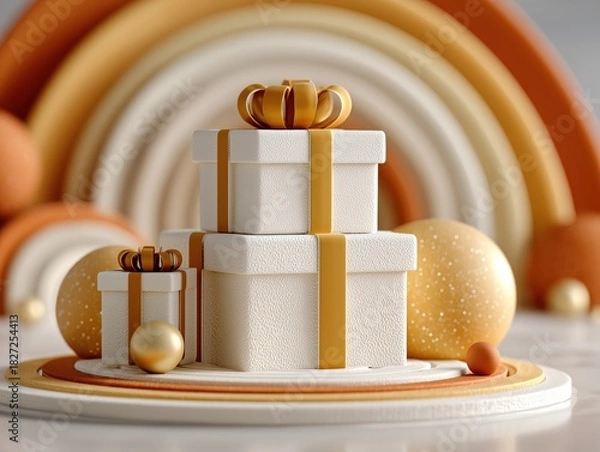Fototapeta Minimalist Luxury Gift Display with Stacked White Boxes and Golden Ribbons on Warm Orange Background, Elegant E-commerce Style Ultra HD 8K Render