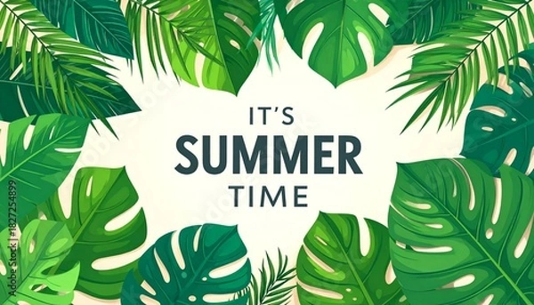 Fototapeta Lush green tropical leaves frame a message "It's Summer Time
