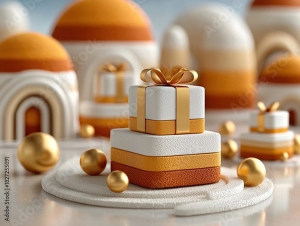 Fototapeta Minimalist Luxury Gift Display with Stacked White Boxes and Golden Ribbons on Warm Orange Background, Elegant E-Commerce Style Ultra HD 8K Render