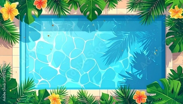 Fototapeta Overhead view of a pool with sunlight reflections, fringed by tropical leaves and flowers