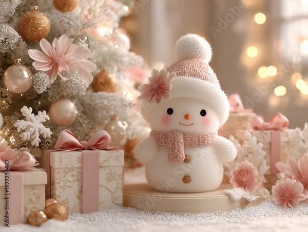 Fototapeta Cozy Warm Christmas Display Scene with Snow-Dusted Tree, Snowman, and Pink Ribbon Gifts on Light Beige Background, Ultra HD 8K Render