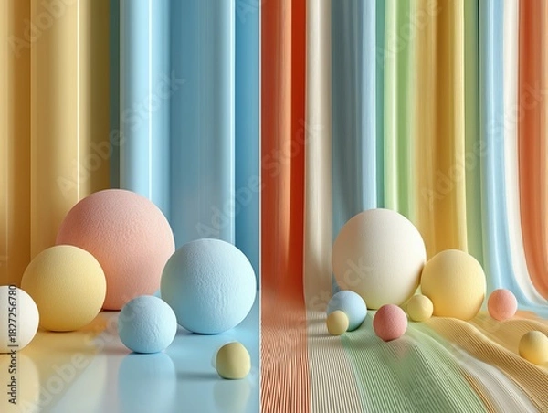 Obraz Soft Macaron-Colored Display Scene with Color-block Walls and Gradient Curtains, Fresh Minimalist Fashion Setup Ultra HD 8K Render