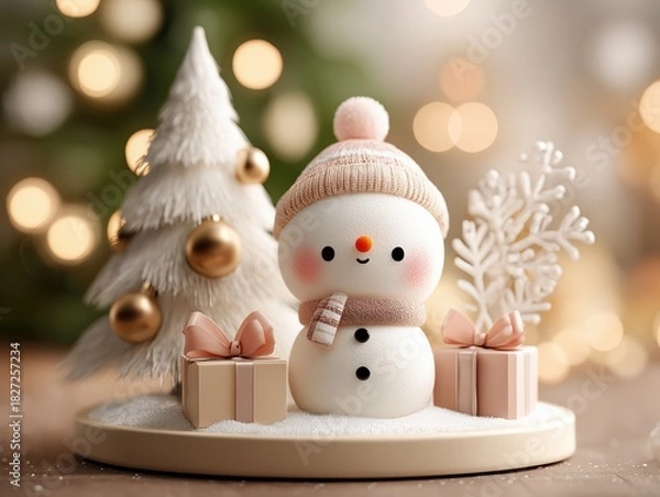 Fototapeta Soft Warm Christmas Still Life with Snowy Tree, Snowman in Pink Santa Hat, and Gift Boxes on Light Beige Background, Cozy Healing Atmosphere Ultra HD 8K