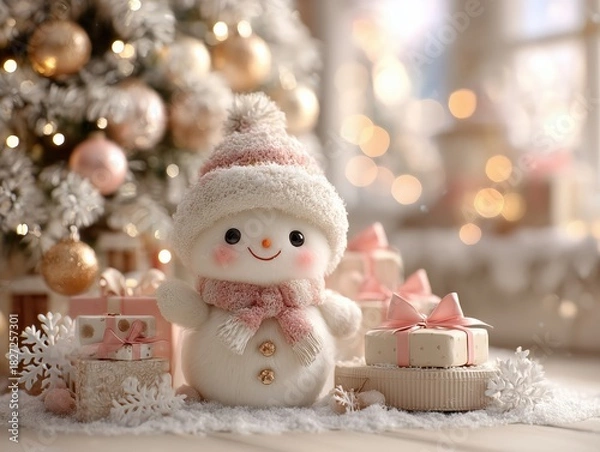 Fototapeta Soft Warm Christmas Display Scene with Snow-Dusted Tree, Snowman and Pink Ribbon Gifts on Light Beige Background, Cozy Healing Atmosphere Ultra HD 8K Render