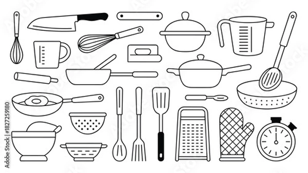 Fototapeta Kitchen utensils drawing culinary tools and equipment sketch outline illustration set design
