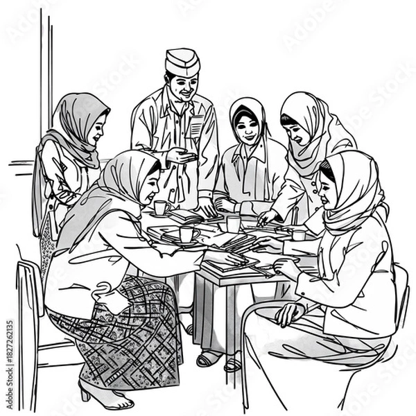 Fototapeta Diverse Group of Professionals Collaborating Around a Table in a Brightly Lit Office Environment Discussing Documents and Charts