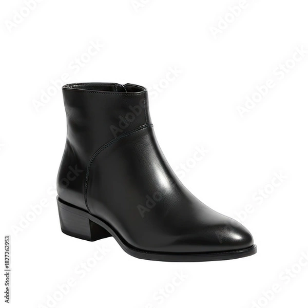 Fototapeta Elegant Black Leather Ankle Boot with Side Zipper and Low Heel on Transparent Background with Studio Lighting