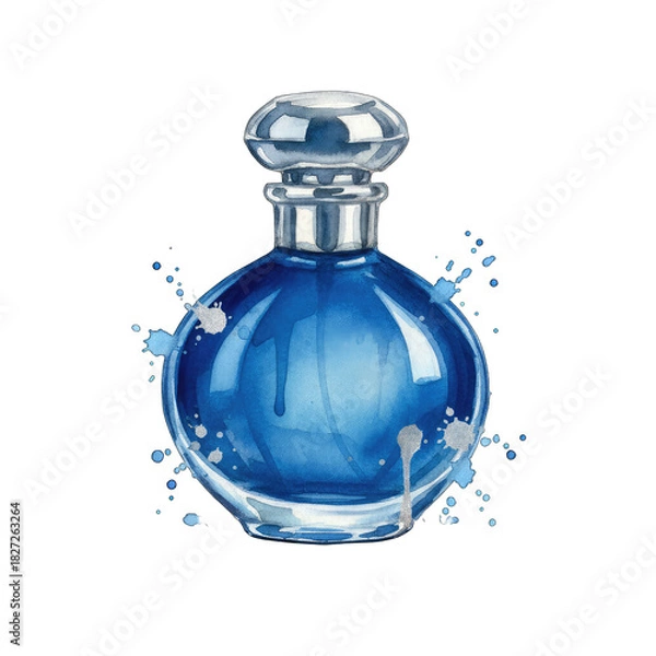 Fototapeta Elegant Blue Perfume Bottle With Watercolor Splashes And Silver Accents Isolated On A Black Background Artistic Representation Of Fragrance And Luxury