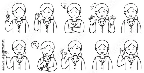 Fototapeta ポーズをとる若い女性のイラストセット　1色