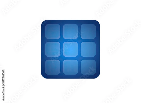 Fototapeta Glowing Blue Grid Icon with Rounded Squares and Luminous Center on Black Background