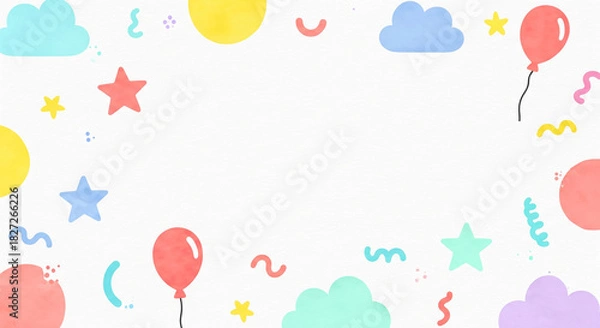 Obraz Colorful Children’s Day background with balloons, stars, clouds, and playful abstract shapes in soft pastel watercolor style. Fun, cute, cheerful design for kids celebration and party decoration.