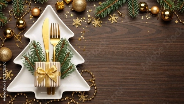 Fototapeta New Year's Eve Dinner: Table with gold cutlery and a Christmas tree plate. Christmas table setting and gift