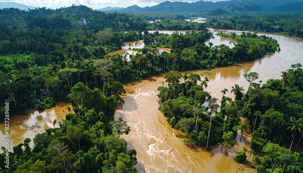 Fototapeta Explore vibrant rainforest views with a winding, powerful river flowing through lush tropical greenery, perfect for travel, adventure, and nature projects