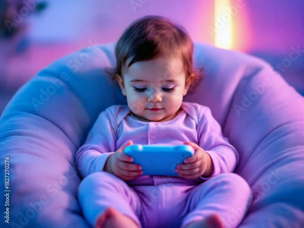 Fototapeta Cute Baby Using Smartphone on Soft Chair with Colorful Ambient Light