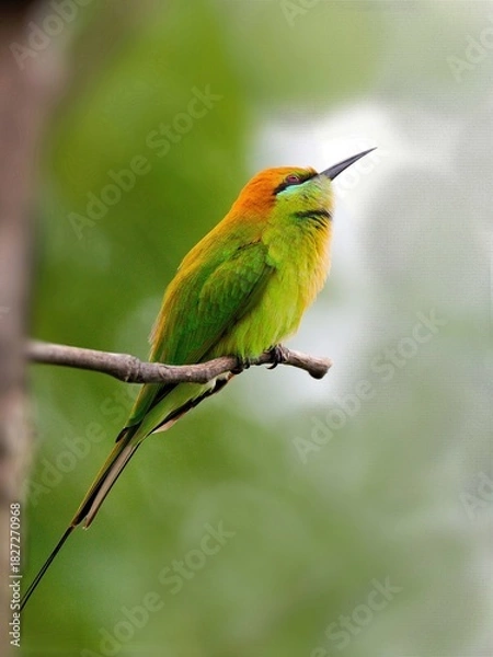 Fototapeta A Little Green Bee-eater resting on a dry branch against a soft green backdrop at Sam Roi Yot NP Thailand