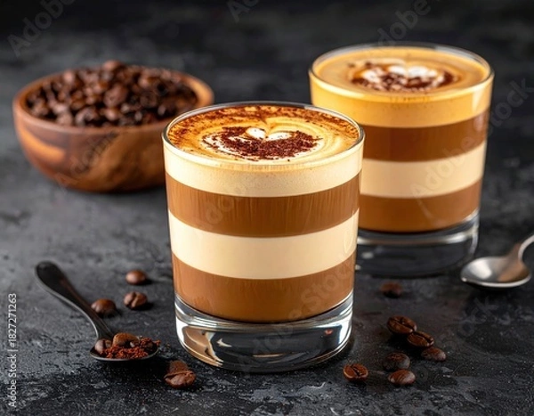 Fototapeta Layered coffee drinks, beans. Dark texture