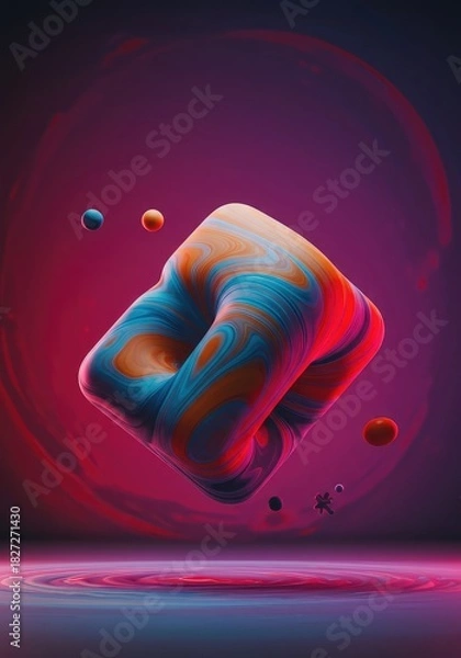 Fototapeta Impossible abstract composition featuring a distorted solid shape floating in a vibrant, fluid, swirling space with deep colors, surface, gradient, cube