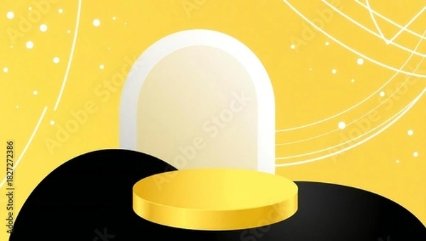 Fototapeta Abstract yellow and black background with white oval and gold podium