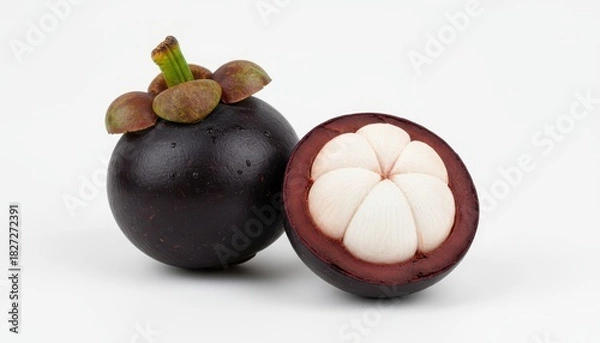 Fototapeta A close-up shot of a mangosteen fruit, one whole and one cut open, revealing the white segments.