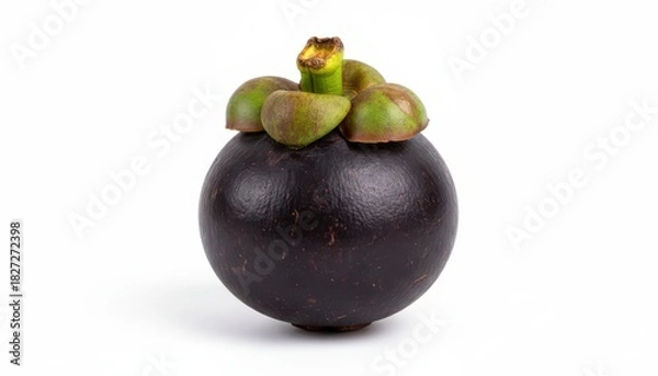 Fototapeta A close-up photograph of a ripe mangosteen fruit, showcasing its dark purple rind and green calyx.