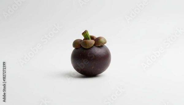 Fototapeta A close-up studio shot of a single, ripe mangosteen fruit against a plain white background.