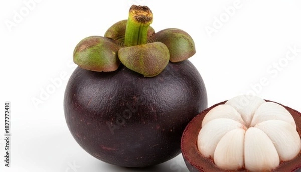 Fototapeta A close-up shot of a whole mangosteen fruit with its purple rind and a cut-open one revealing the white segments.