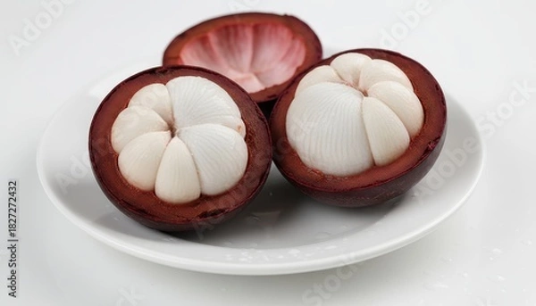 Fototapeta Close-up shot of three mangosteen fruits, cut open to reveal the white segments, arranged on a white plate.