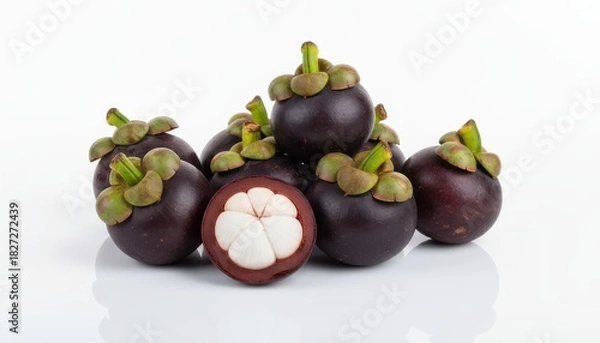 Fototapeta A close-up shot of a pile of fresh mangosteen fruits, one cut open to reveal the white segments.