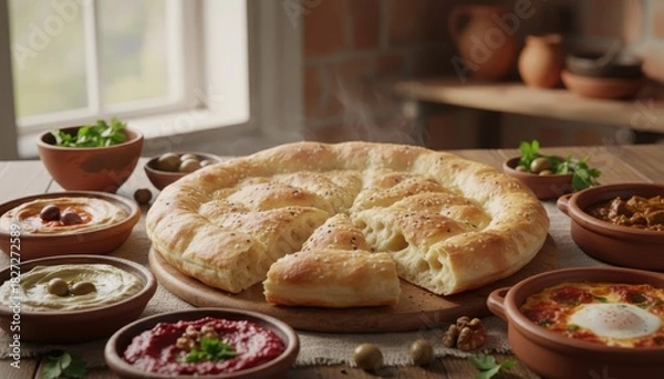 Fototapeta A delicious spread of Middle Eastern food, featuring pita bread and various dips.