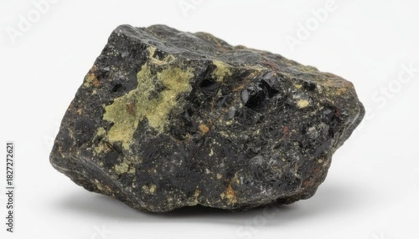 Fototapeta Close-up of a rough, dark-colored rock with patches of lighter green and yellow minerals.