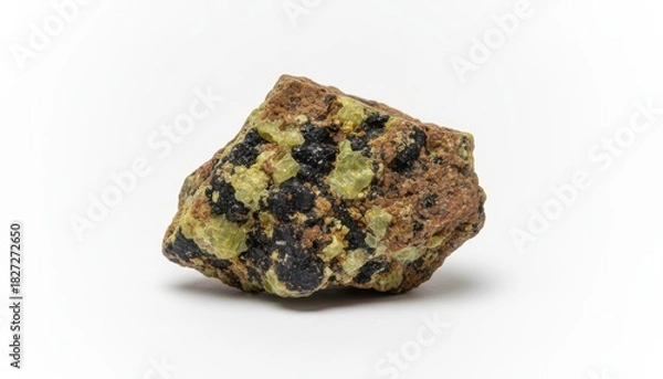 Fototapeta Close-up of a rough, multi-colored rock sample with green, black, and brown patches on a white background.