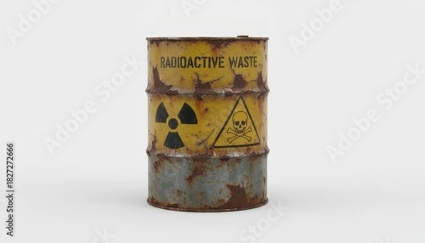 Fototapeta A rusty yellow barrel with radioactive waste warning symbols, isolated on a white background.