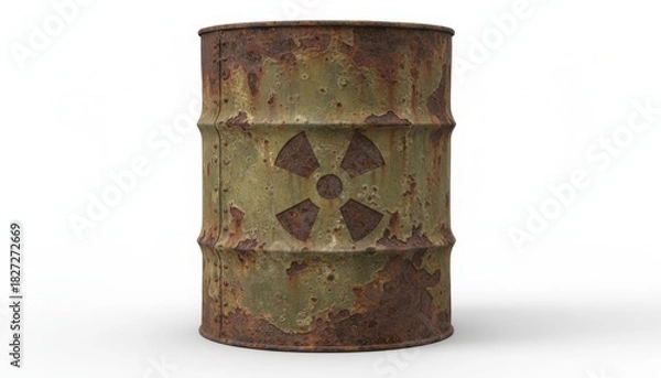 Fototapeta A rusty, weathered metal barrel with a radiation symbol, suggesting hazardous waste.