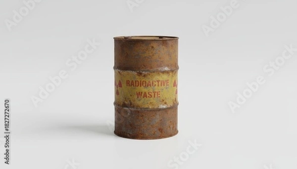 Fototapeta A rusty metal barrel labeled "Radioactive Waste" against a plain white background.