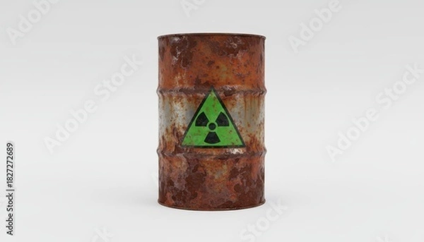 Fototapeta A rusty metal barrel with a green radiation symbol, isolated on white background.
