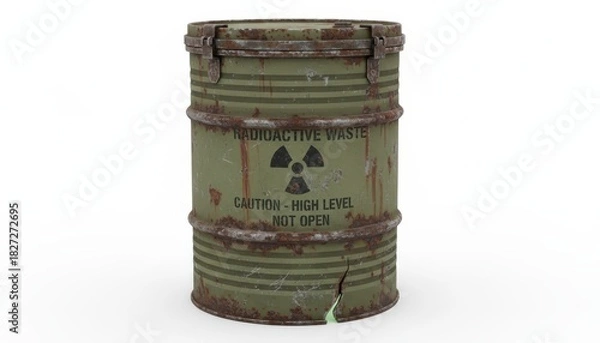 Fototapeta A weathered, cylindrical metal barrel, marked with radioactive waste warnings and a radiation symbol.