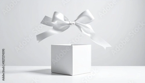 Obraz Elegant White Gift Box with Bow Floating Above Minimalist Background