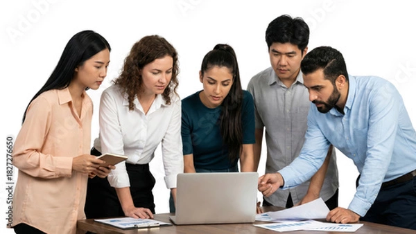 Fototapeta Diverse teamwork huddled around laptop, collaborating on project strategy with documents in hand