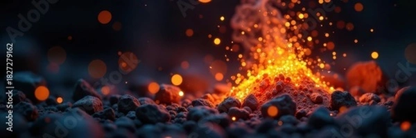 Fototapeta Gunpowder embers glowing, tiny sparks emanating , wisp, dark, experiment