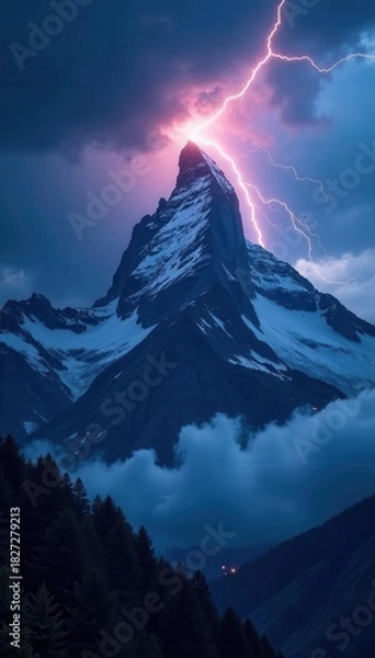 Fototapeta Jagged peak, lightning illuminates storm clouds, rock, lightning