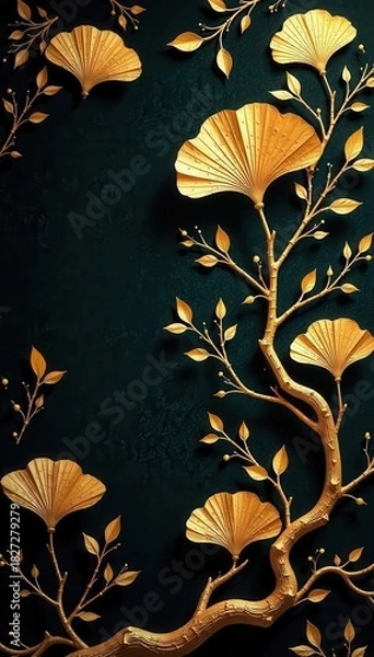 Fototapeta Ornate gold ginkgo branch pattern; refined, vector background design, art deco, sophisticated