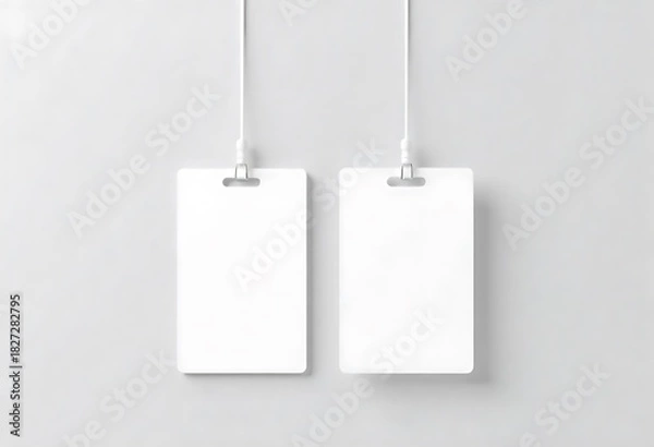 Fototapeta Minimal, clean ID badges with white lanyards hang vertically on a soft gray background, offering a crisp, realistic mockup ideal for corporate branding, office identity, and professional presentations