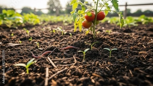 Fototapeta Close up of a tomato plant with ripe fruits, worms, and fresh sprouts in fertile soil, showcasing