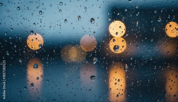 Fototapeta Raindrops on Window with Bokeh Lights: Reflecting City Mood on a Rainy Night