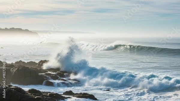 Fototapeta Dramatic ocean waves crashing against rugged rocks on a misty coastline landscape
