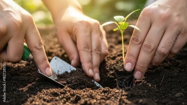 Obraz Close-up shot showcases the careful planting of a young sapling in fertile soil