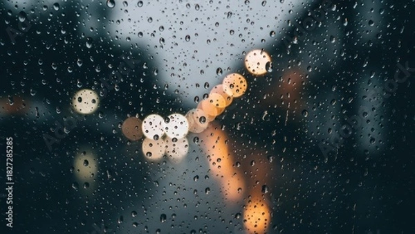 Fototapeta Raindrops on glass with bokeh lights create a tranquil and moody atmosphere, evoking feelings of